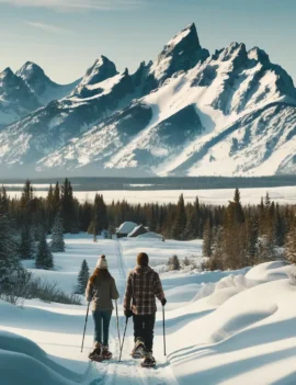 A couple snowshoeing through a snow-covered trail in Teton Valley, with the majestic Teton Range in the background