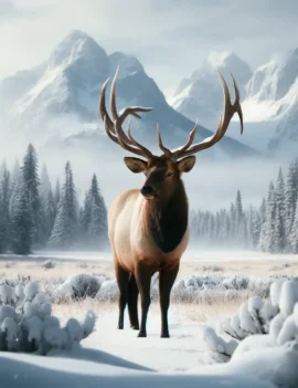 A majestic elk standing in a snowy field, with snow-covered trees and mountains in the background