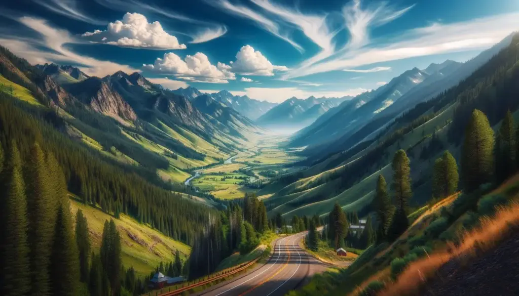 Scenic drive through Idaho Route 31 (Pine Creek Pass) with a view of the surrounding mountains and valleys, showcasing the lush greenery and pictures