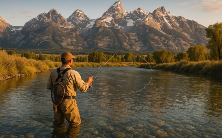 Fly fisherman casting in a Teton Valley river with Grand Teton mountain range in the background