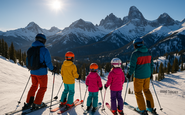 Family ski vacation at Grand Targhee Resort with dramatic Teton Mountains in background