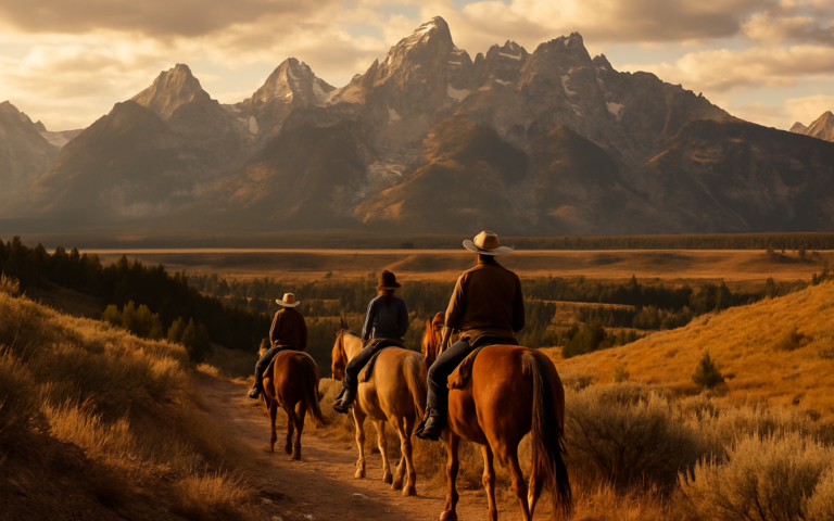 Horseback riders on mountain trail with dramatic Teton mountain range in background, Teton Valley Idaho