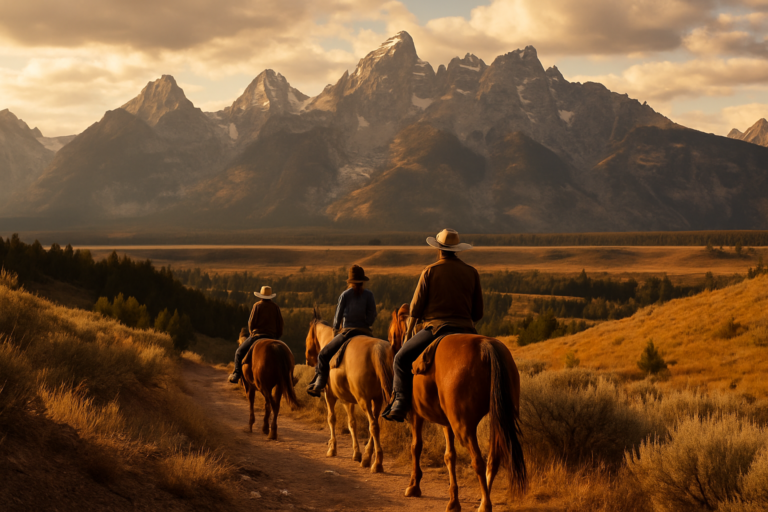 Horseback riders on mountain trail with dramatic Teton mountain range in background, Teton Valley Idaho