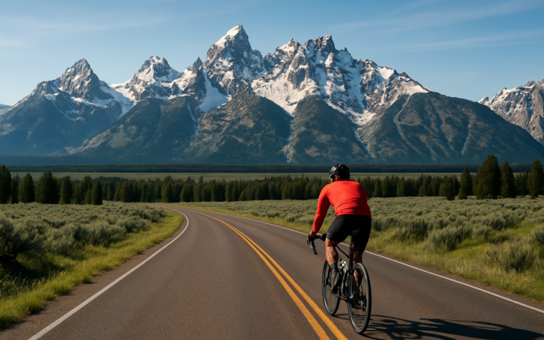 Cyclist on scenic mountain road with snow-capped Teton peaks in background, spring morning, Teton Valley Idaho