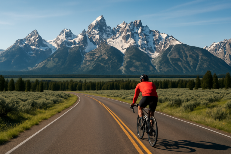 Cyclist on scenic mountain road with snow-capped Teton peaks in background, spring morning, Teton Valley Idaho