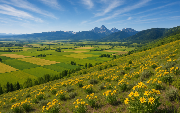Aerial view of Teton Valley Idaho in spring with wildflowers and mountain backdrop