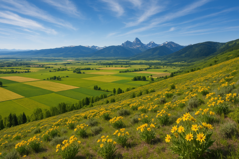 Aerial view of Teton Valley Idaho in spring with wildflowers and mountain backdrop
