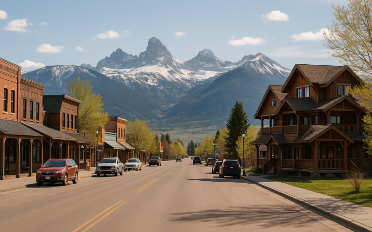 Downtown Driggs Idaho with mountain views for large-group travel