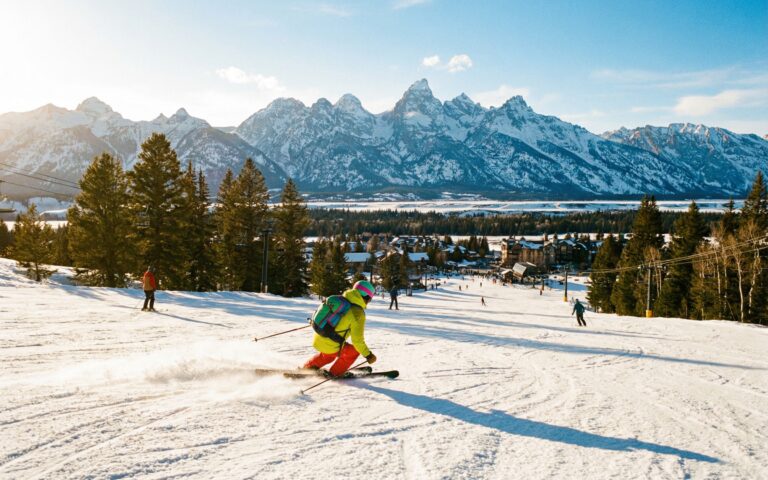 Spring skiing at Grand Targhee with Teton mountain views in April