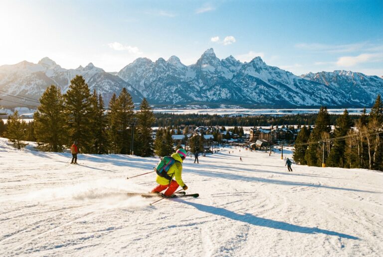 Spring skiing at Grand Targhee with Teton mountain views in April