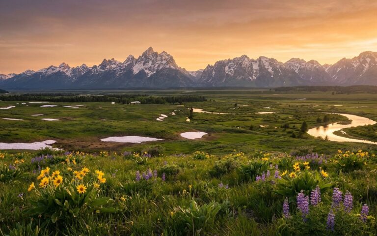 Spring panorama of Teton Valley Idaho in April with Grand Teton peaks and green meadows