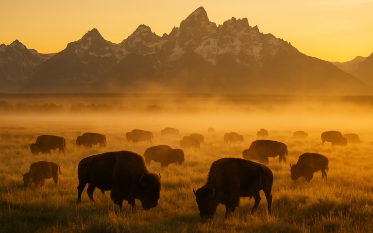 Bison herd grazing at sunrise with Grand Teton mountains in background