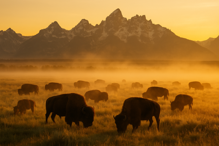Bison herd grazing at sunrise with Grand Teton mountains in background