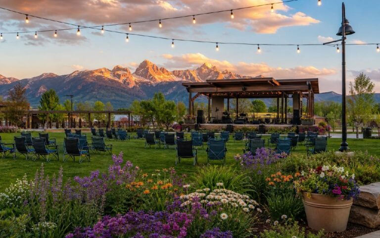 Music on Main outdoor pavilion in Driggs Idaho at golden-hour sunset with the Teton range behind, string lights, and lawn chairs set up for a summer concert