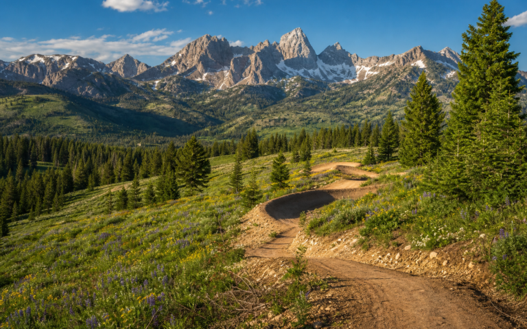 Empty mountain bike trail at Grand Targhee with Teton mountains in background