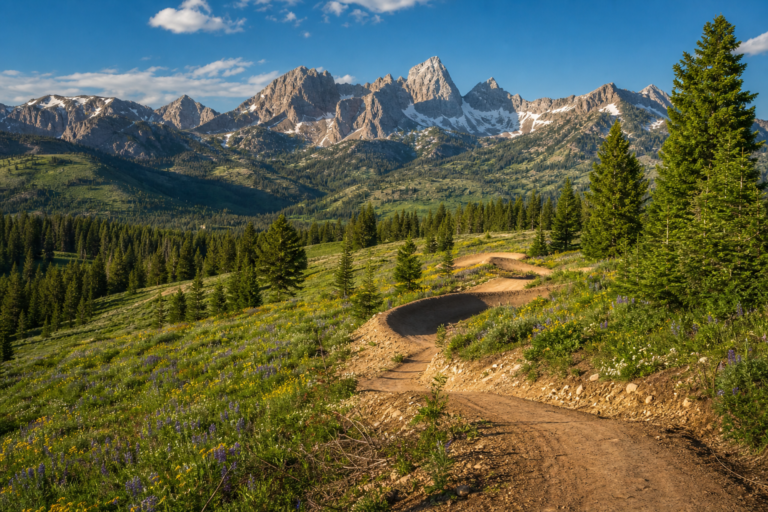 Empty mountain bike trail at Grand Targhee with Teton mountains in background