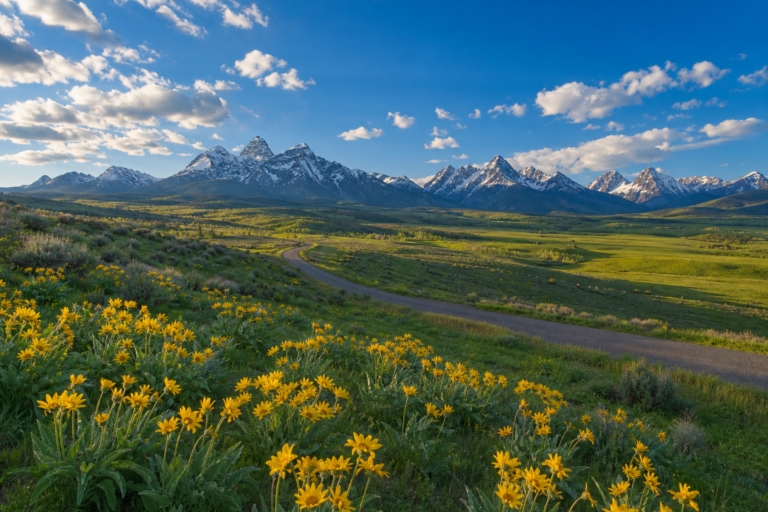 Teton Valley Idaho in late spring with arrowleaf balsamroot wildflowers and snow-capped Teton mountains