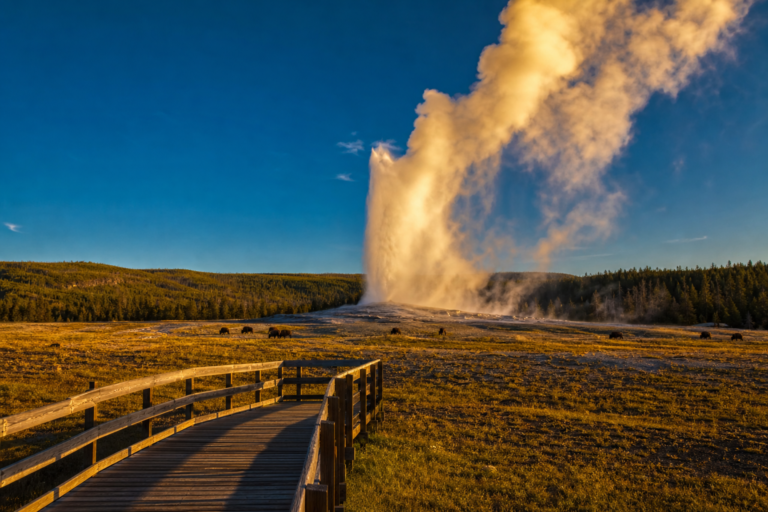 Old Faithful geyser erupting at golden hour in Yellowstone National Park