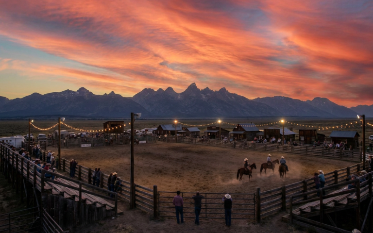 Friday night rodeo at dusk with Grand Teton mountains in background, Teton Valley Idaho