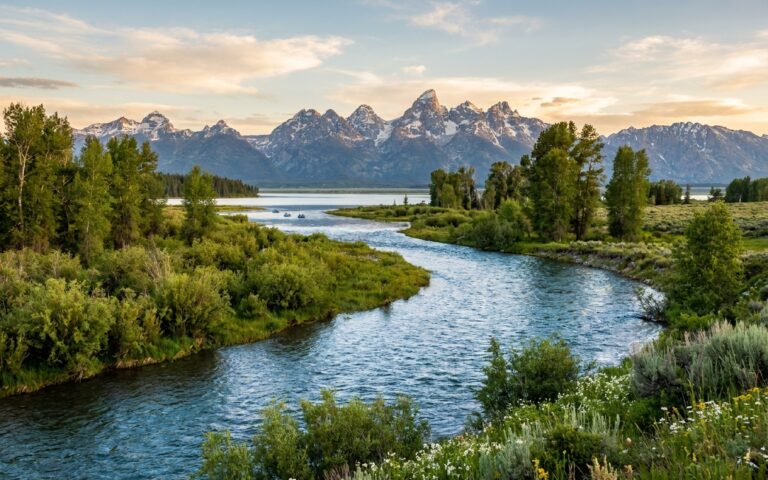 Snake River winding through green valley with Teton mountains near Driggs Idaho in early summer