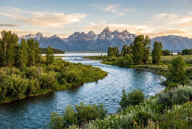 Snake River winding through green valley with Teton mountains near Driggs Idaho in early summer