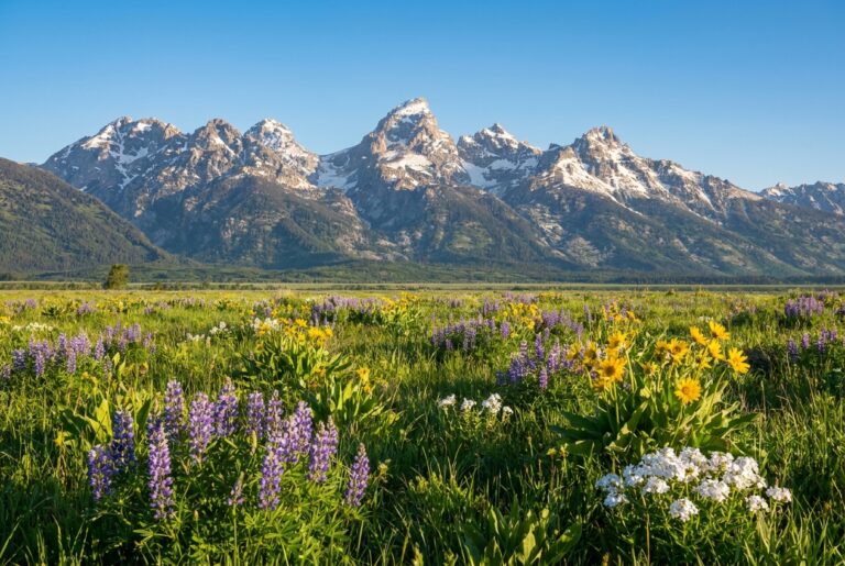 Teton Valley meadow with Grand Teton range in early June near Driggs Idaho