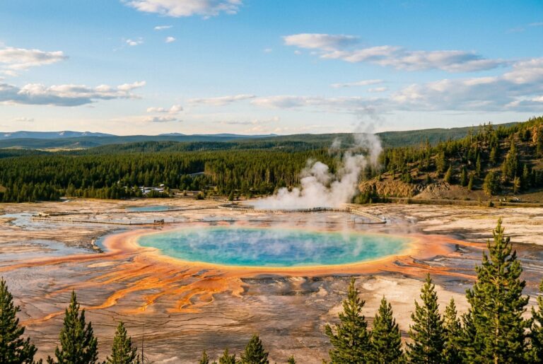 Colorful Yellowstone geothermal hot spring with steam and pine forest in early summer
